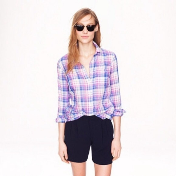 J. Crew Tops - J. Crew Crinkle Boy Shirt in Orchid Plaid